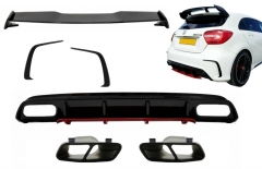 Difusor parachoques trasero deportivo + colas de escape negras + Splitters + Aleron para Mercedes Clase A W176 (2012-2018) A45 Facelift Look Edicion rojo